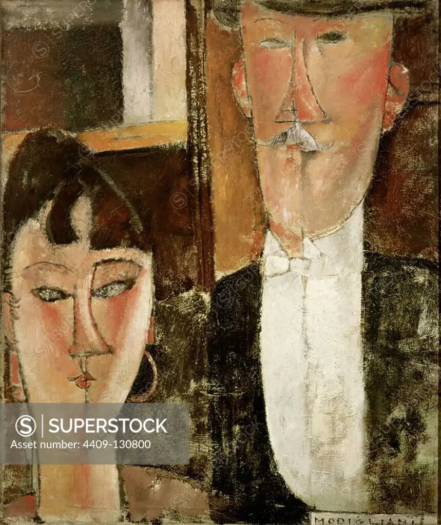 Amadeo Modigliani / 'Bride and Groom (The Couple)', c. 1915, Oil on canvas. Museum: MUSEUM OF MODERN ART, GLASGOW, USA. Author: Amedeo Modigliani.