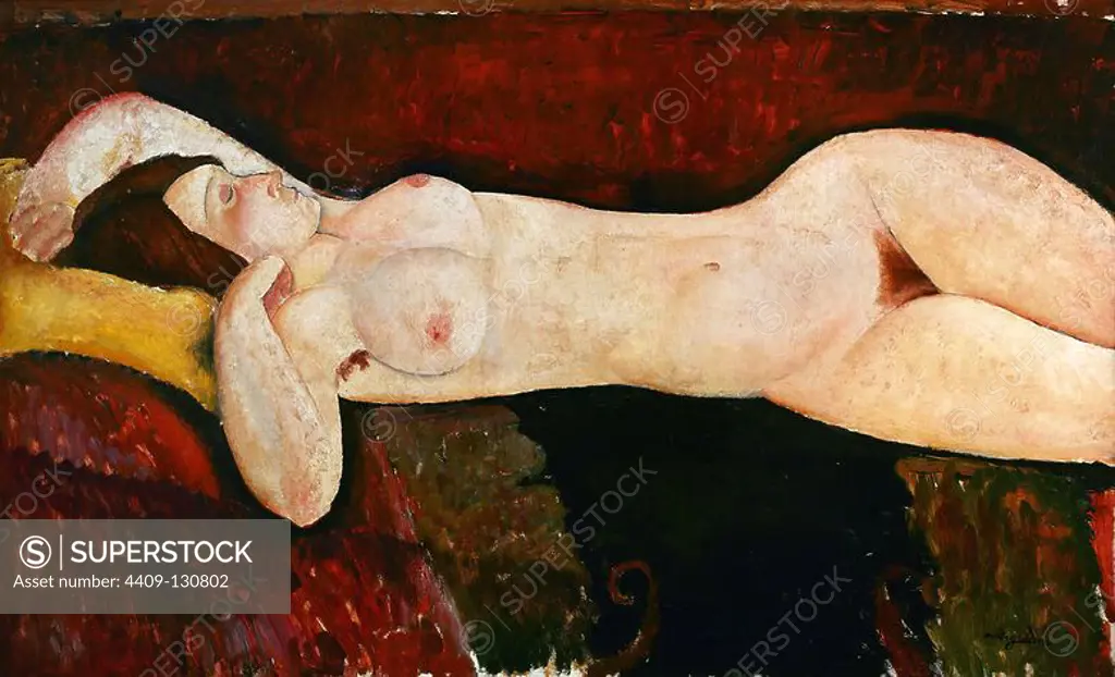 Amadeo Modigliani / 'Reclining Nude', c. 1919, Oil on canvas, 57 x 114 cm. Museum: MUSEUM OF MODERN ART, GLASGOW, USA. Author: Amedeo Modigliani.