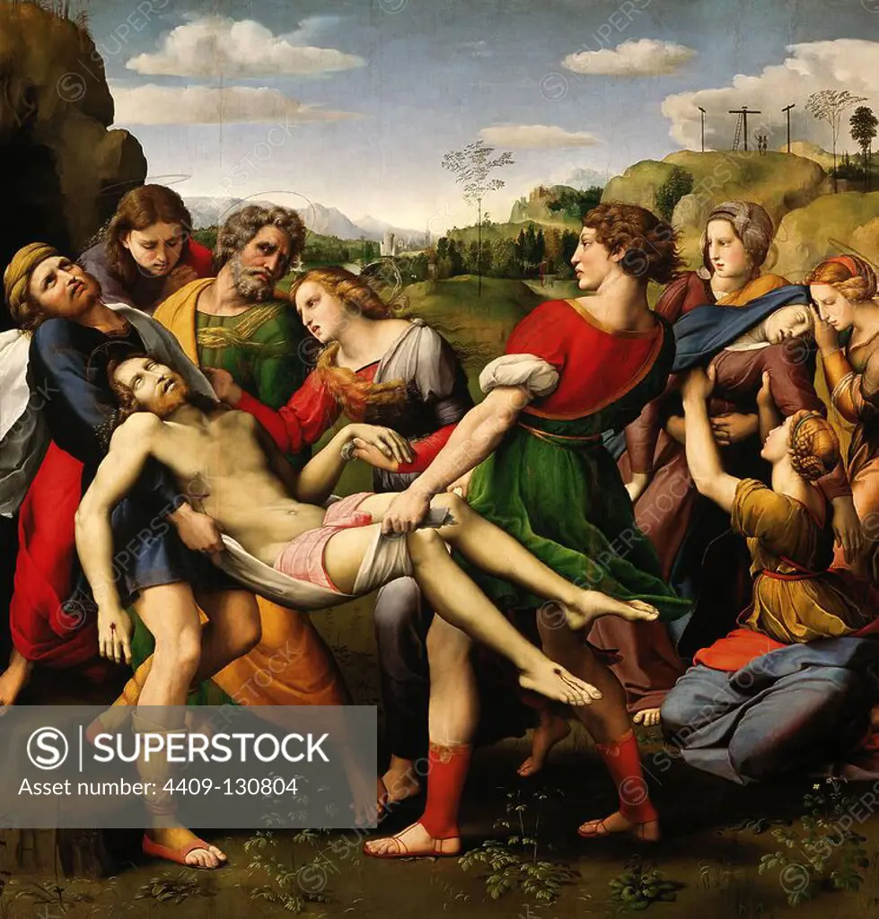Raphael / 'The Deposition (Pala Baglione)', 1507, Oil on wood, 184 x 176 cm. Museum: GALLERIA BORGHESE, Roma, ITALIA. JESUS. MARY MAGDALENE. VIRGIN MARY. JUAN EL BAUTISTA.