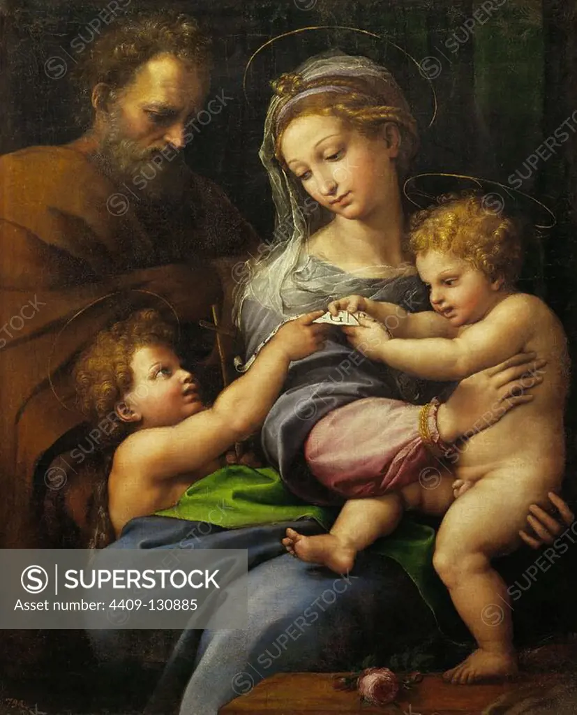 Raphael / 'The Holy Family with little Saint John, or The Virgin with a Rose', c. 1516, Oil on canvas, 103 x 84 cm, P00302. Museum: MUSEO DEL PRADO, MADRID, SPAIN. SAINT JOSEPH. JESUS. Saint John the Baptist. CHILD JESUS. VIRGIN MARY.
