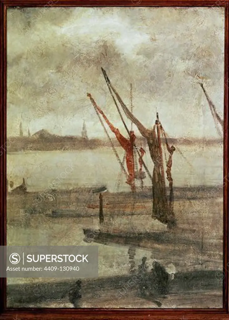 James McNeill Whistler / 'Grey and Silver: Chelsea Wharf', c. 1864-1868, Oil on canvas, 61 x 46 cm. Artwork also known as: Muelles de Chelsea: Gris y plata. Museum: NATIONAL GALLERY.