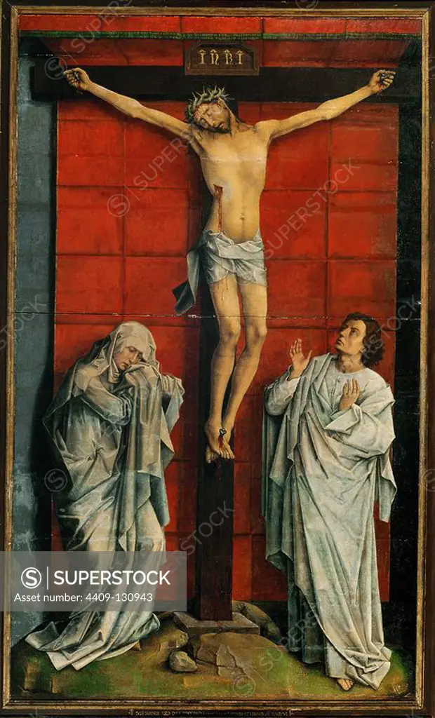Roger van der Weyden / 'Christ on the Cross with Mary and Saint John', 15th century, Oil on panel, 325 × 192 cm. Museum: Real Monasterio de San Lorenzo de El Escorial, MADRID, SPAIN. Author: ROGIER VAN DER WEYDEN. JESUS.
