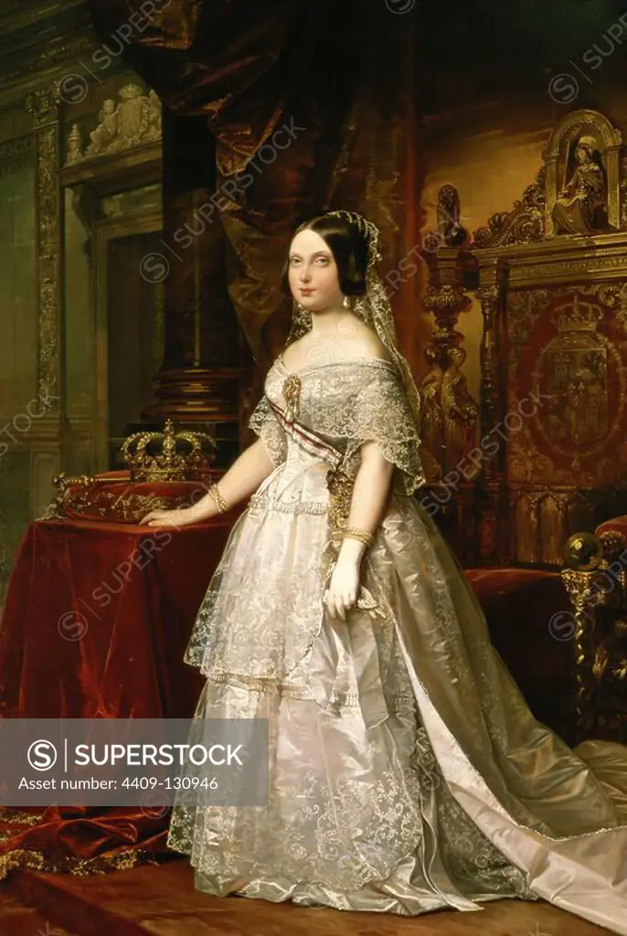 Federico Madrazo / 'Portrait of Isabella II of Spain', 1844, Oil on canvas. Museum: REAL ACADEMIA DE BELLAS ARTES DE SAN FERNANDO, MADRID, SPAIN. ISABELLA II OF SPAIN.