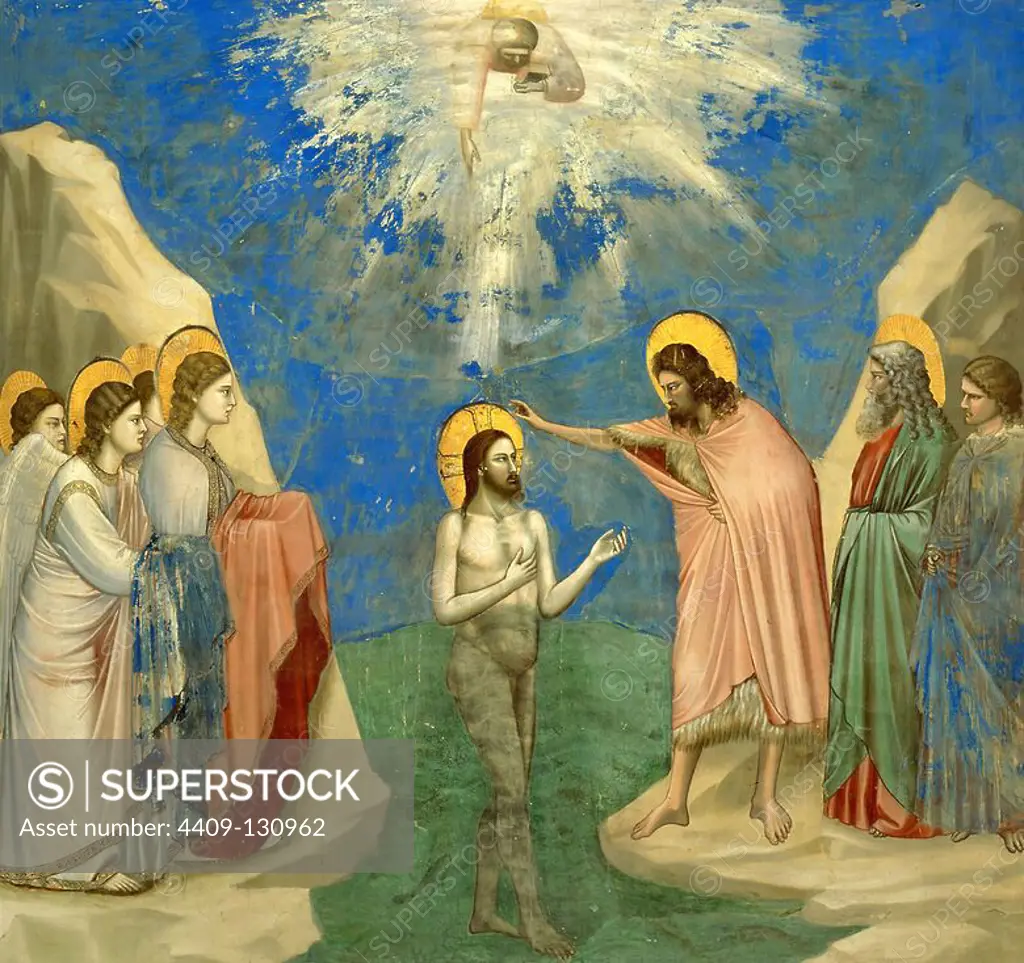 Giotto / 'The Baptism of Christ', 1303-1310, Fresco. Museum: Cappella degli Scrovegni, Pavoda. JESUS. Saint John the Baptist.