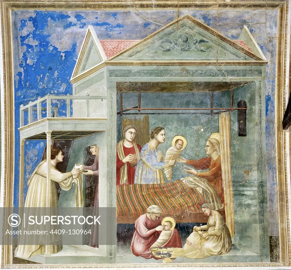 Giotto / 'The Birth of Virgin Mary', 1303-1310, Fresco. Museum: Cappella degli Scrovegni, Pavoda. VIRGIN MARY. Saint Anne.