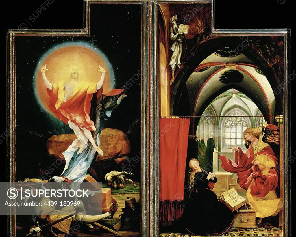 Matthias Grünewald / 'Inssenheim Altar: Resurrection and Annunciation', 1515. Museum: MUSEE D'UNTERLINDEN, Colmar, France. JESUS. VIRGIN MARY.