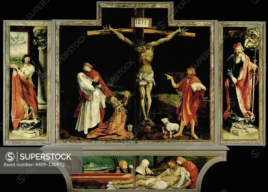 Matthias Grünewald / 'Inssenheim Altar: Crucifixion', 1515. Museum: MUSEE D'UNTERLINDEN, Colmar, France. JESUS. Saint John the Baptist. MARY MAGDALENE. VIRGIN MARY. SAN SEBASTIAN. SAN JUAN EVANGELISTA.