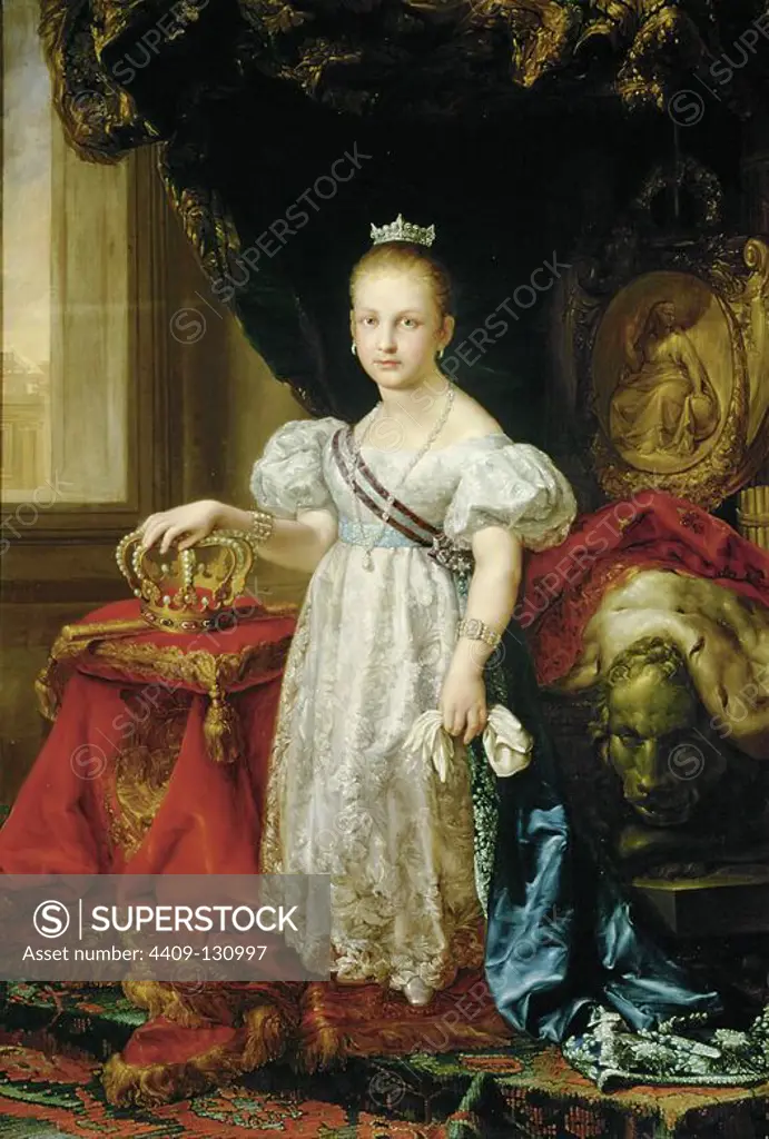 Vicente López Portaña / 'Isabella II of Spain, aged eight', 1838, Oil on canvas, 160 x 110 cm. Museum: MINISTERIO DE HACIENDA, MADRID, SPAIN. ISABELLA II OF SPAIN.