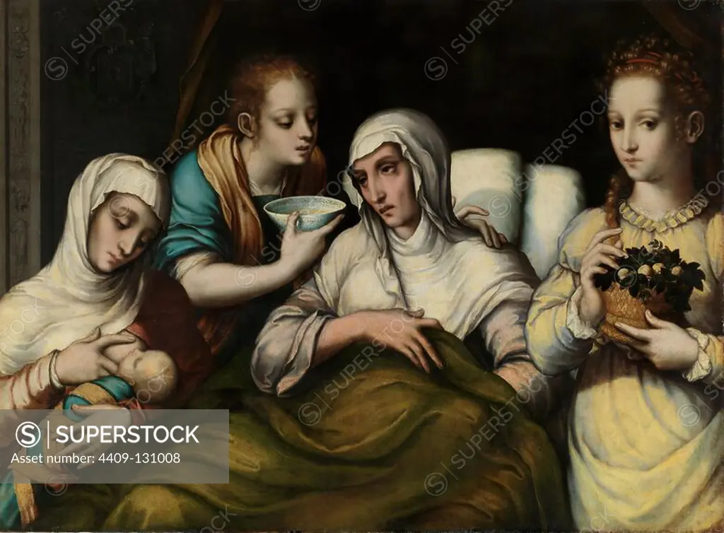 Luis de Morales / 'The Birth of the Virgin', 1560-1570, Spanish School, Oil on panel, 69,2 cm x 93,2 cm, P07859. Museum: MUSEO DEL PRADO, MADRID, SPAIN. VIRGIN MARY. Saint Anne.