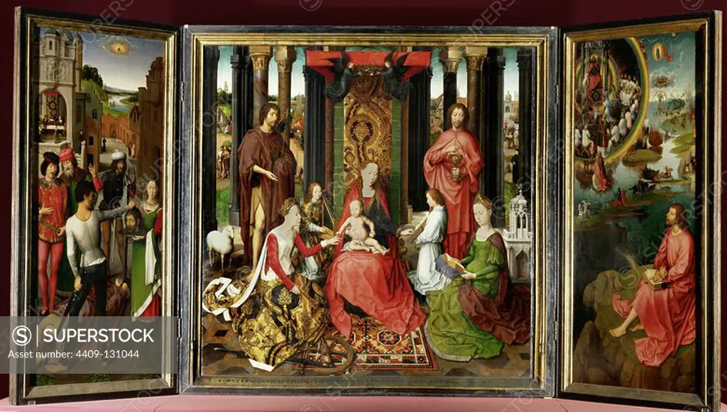 Hans Memling / 'Triptych of the Mystical Marriage of Saint Catherine', 15th. Museum: Hans Memling Museum, BRUJAS, Belgien. JESUS. Saint John the Baptist. VIRGIN MARY. SAN JUAN EVANGELISTA. SANTA CATALINA.