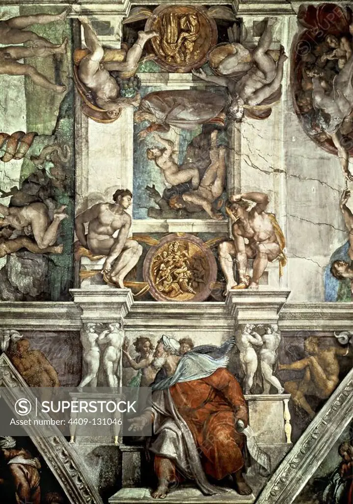 Michelangelo / 'Sistine Chapel Ceiling: the Creation of Eve', 1510, Fresco. Museum: CAPILLA SIXTINA, CIUDAD DEL VATICANO, CIUDAD DEL VATICANO. ADAM AND EVE. EVE. Adam. Ezekiel. EVA AMARAL.