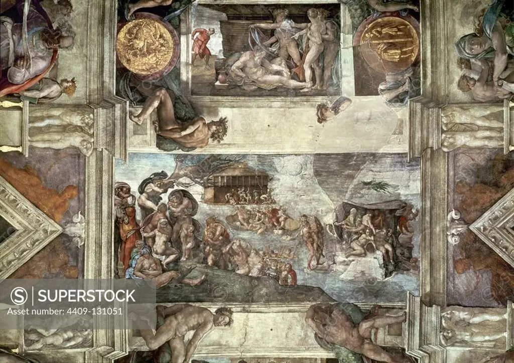 Michelangelo / 'Sistine Chapel Ceiling: The Flood', 1510, Fresco. Museum: CAPILLA SIXTINA, CIUDAD DEL VATICANO, CIUDAD DEL VATICANO. NOAH.