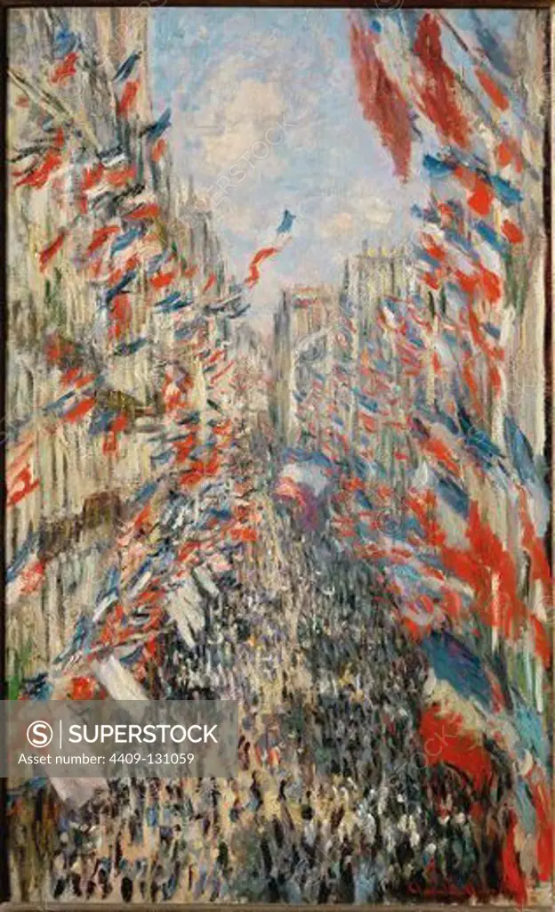 Claude Monet / 'The Rue Montorgueil in Paris. Celebration of 30 June 1878', 1878, Oil on canvas, 81 × 50 cm. Artwork also known as: La Rue Montorgueil de París. Fiesta del 30 de junio de 1878. Museum: MUSEE D'ORSAY.