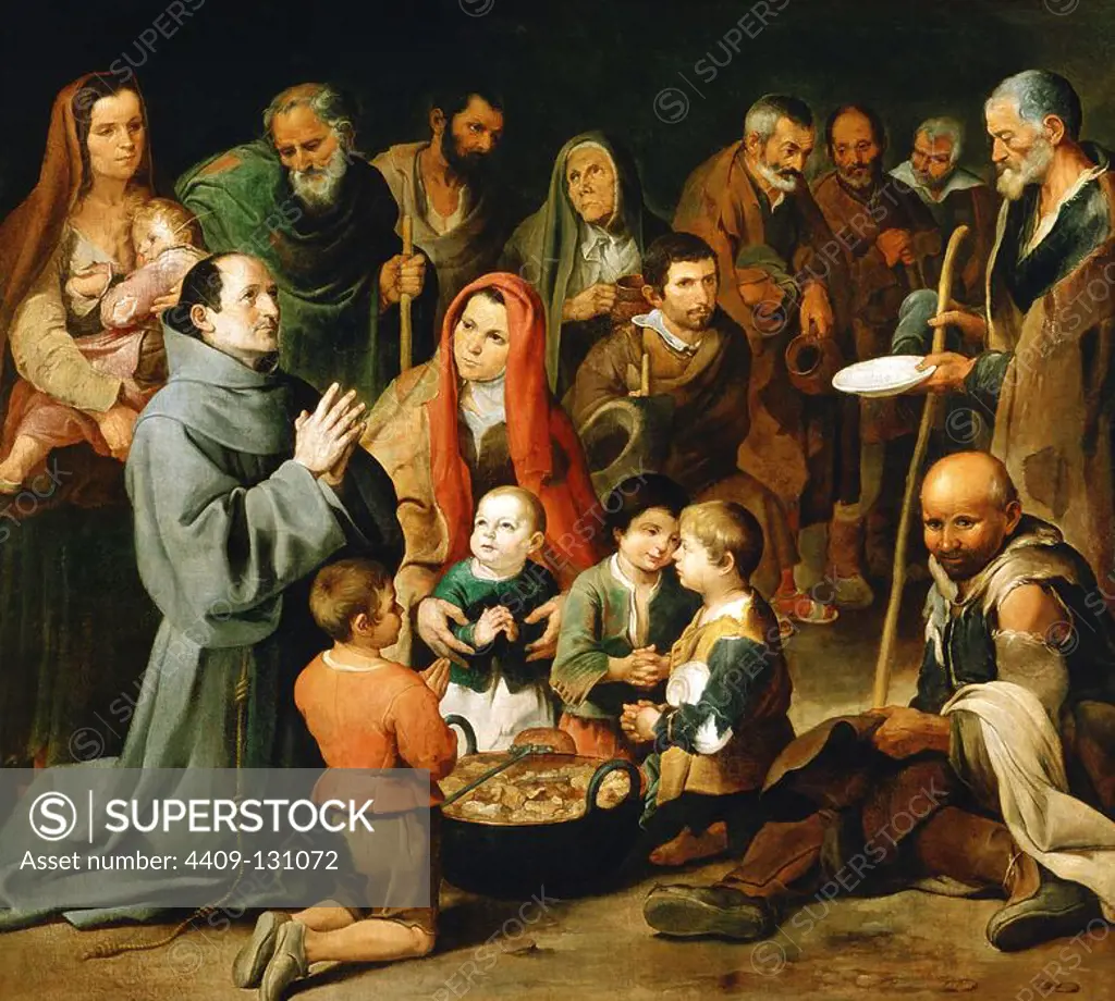 Bartolomé Esteban Murillo / 'Saint Diego of Alcala Feeding the Poor', 1645-1646, Oil on canvas, 170 x 186 cm. Museum: Real Academia de Bellas Artes de San Fernando, Madrid.