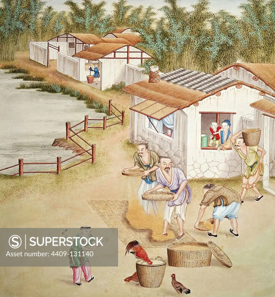 'Chinese farmers sieving rice'. 19th century, Watercolour. Museum: FREE LIBRARY, BUDAPEST, USA.