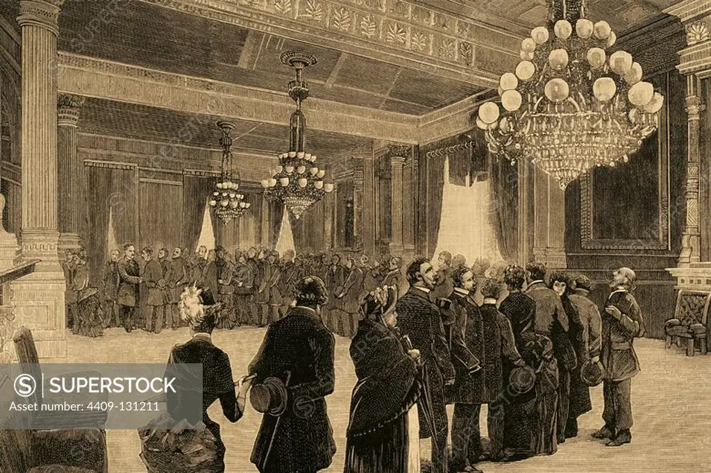 Grover Cleveland (1837-1908). President of the United States. Washington. A public reception day by President Cleveland in the East Room of the White House. Engraving in The Spanish and American Illustration, 1886.