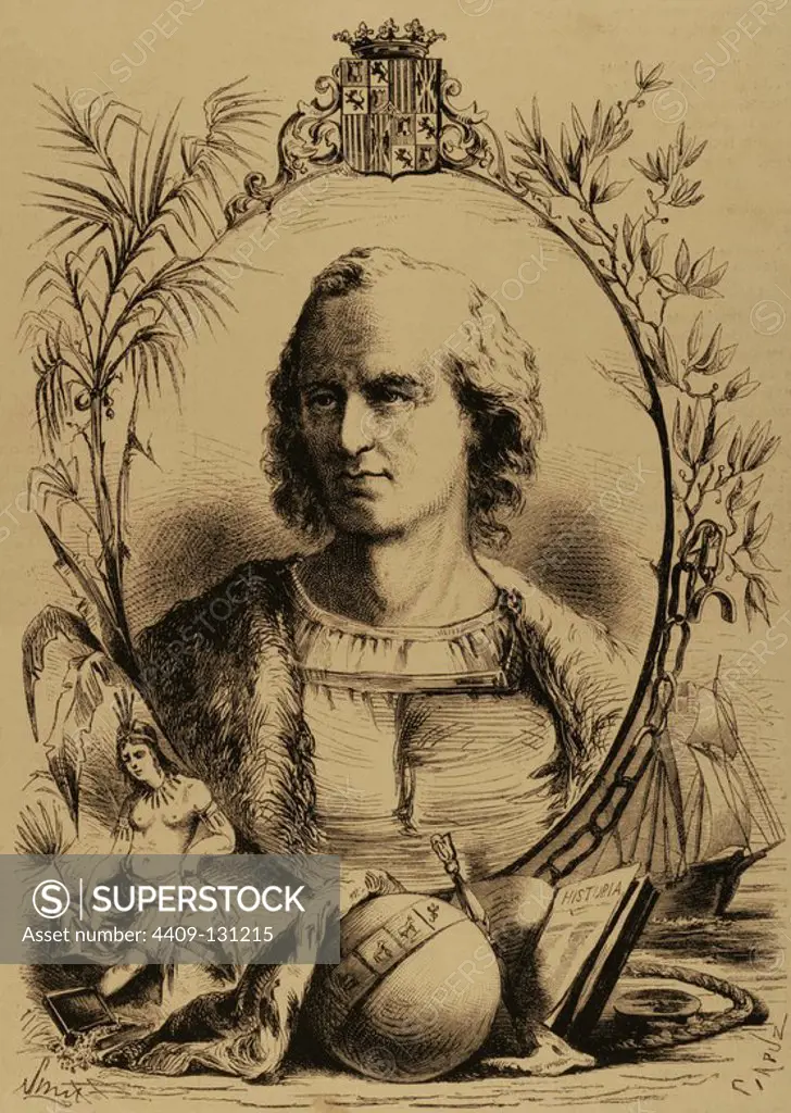 Christopher Columbus (1451-1506). Genoese navigator. Engraving by Capuz (1834-1899). The Spanish and American Illustration, 1870.