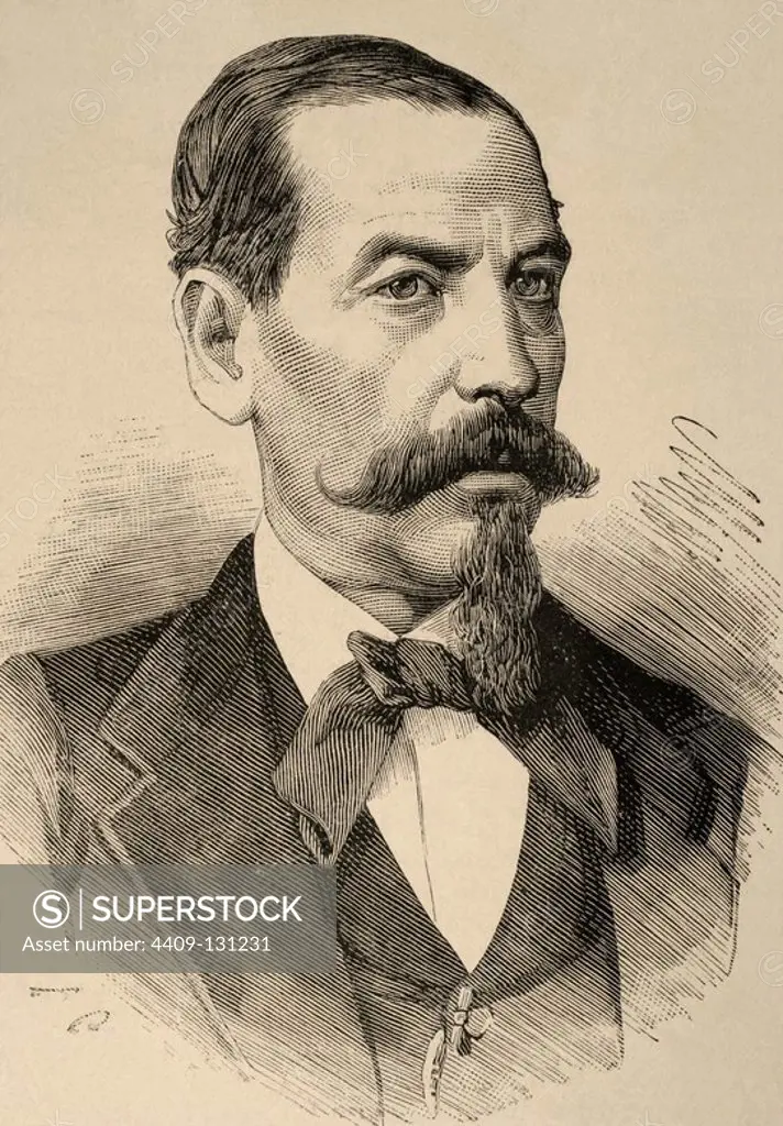 Narciso Campero (1815-1896). President of Bolivia. Engraving by Arturo Carretero. The Spanish and American Illustration, 1879.