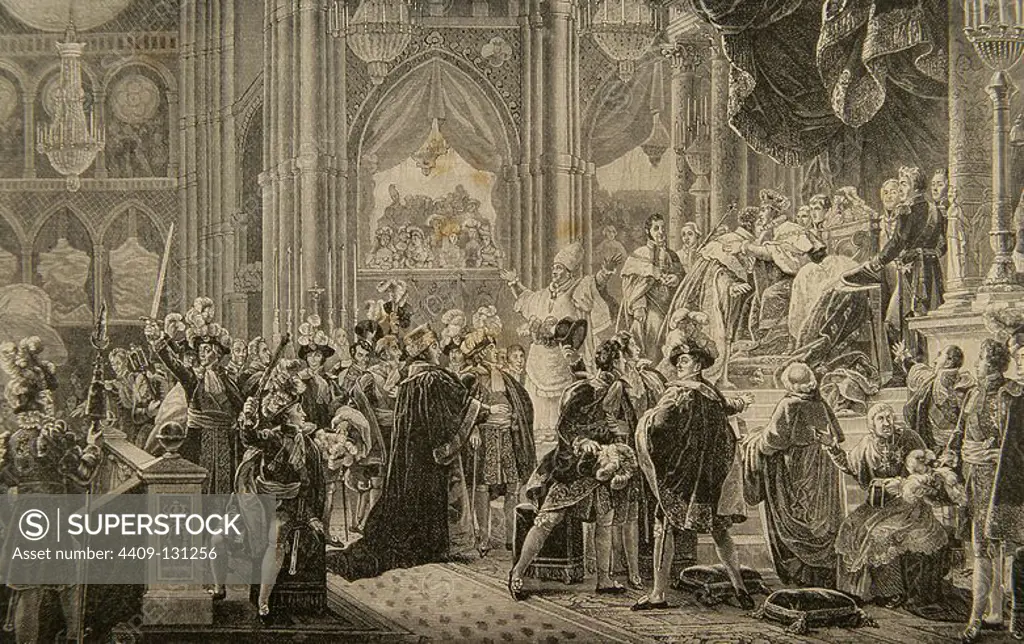 Charles X (1757-1836). King of France and Navarre. Consecration of Charles X of France in the Cathedral of Reims, on May 29, 1825. Engraving by Kaeseberg. History of France, 1881.