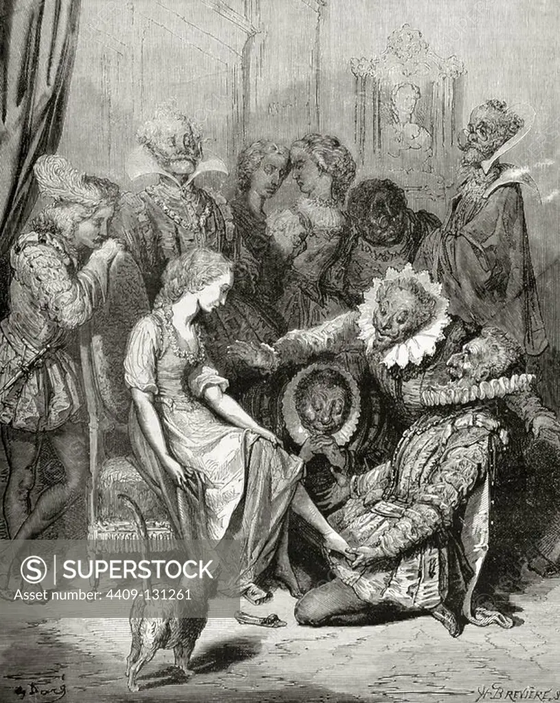 Cinderella. Character in the tale written by Charles Perrault. The gentleman putting the slipper in his tiny foot, saw that he was very suitable. Engraving. The Illustrated World, 1882.