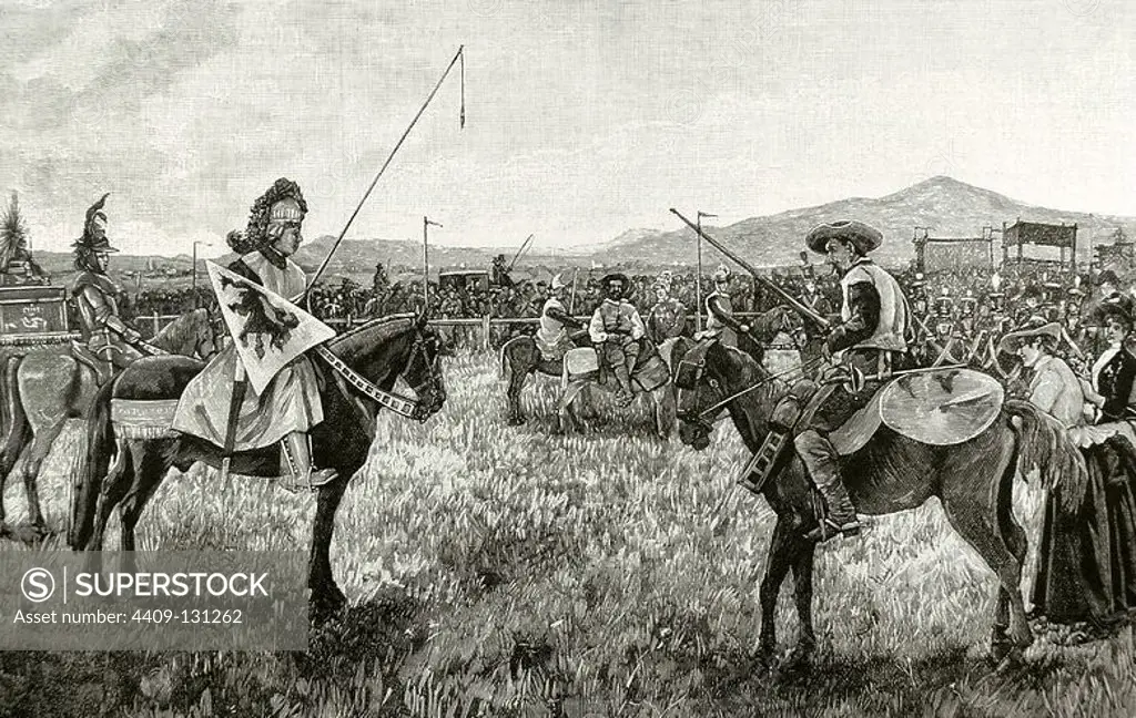 Don Quixote by Miguel de Cervantes (1547-1616). Engraving depicting the Cervara party in Rome. Spanish artists parodying Don Quixote's encounter with the Knight of the Mirrors. Drawing by Hermenegildo Estevan. Engraving by Capuz. The Spanish and American Illustration, 1890.