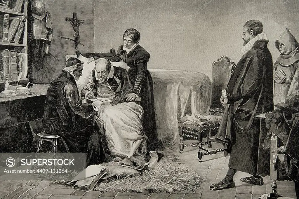 Miguel de Cervantes (1547-1616). Spanish writer. Cervantes writing the dedication of his Persiles. Engraving by Capuz after a painting by Eugenio Oliva. The Spanish and American Illustration, 1883.
