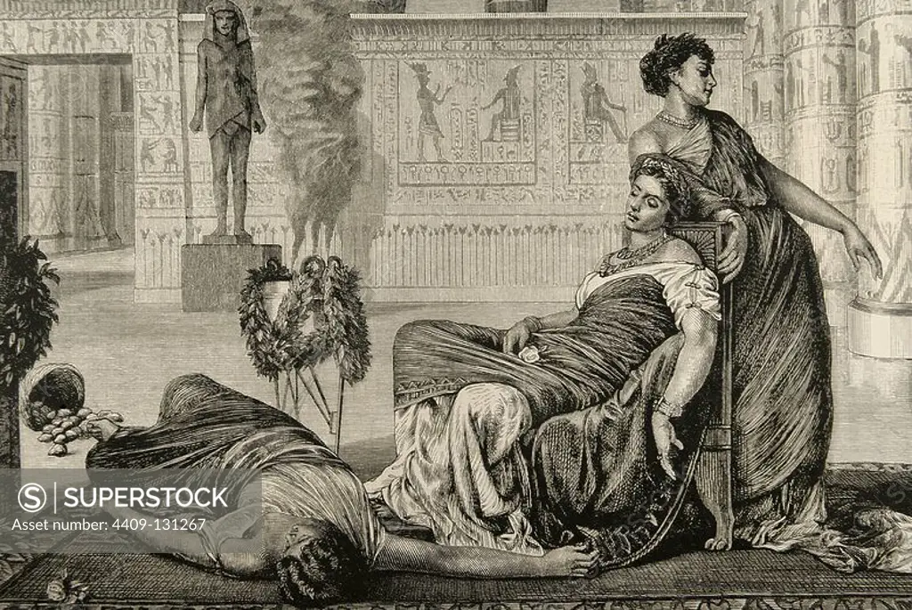 Cleopatra VII Philopator (69-30 BC). Queen of Egypt. Death of Cleopatra. Engraving after a painting of Prinsep. The Spanish and American Illustration, 1872.