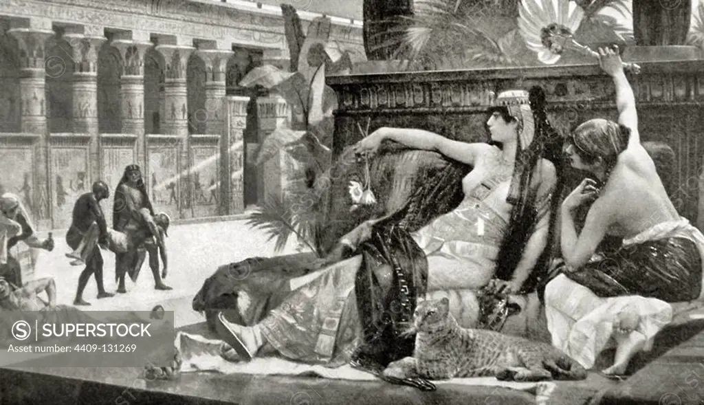 Cleopatra VII Philopator (69-30 BC). Queen of Egypt. Cleopatra testing poisons on condemned prisoners. Engraving after a painting of A. Cabanel in The History of Nations.