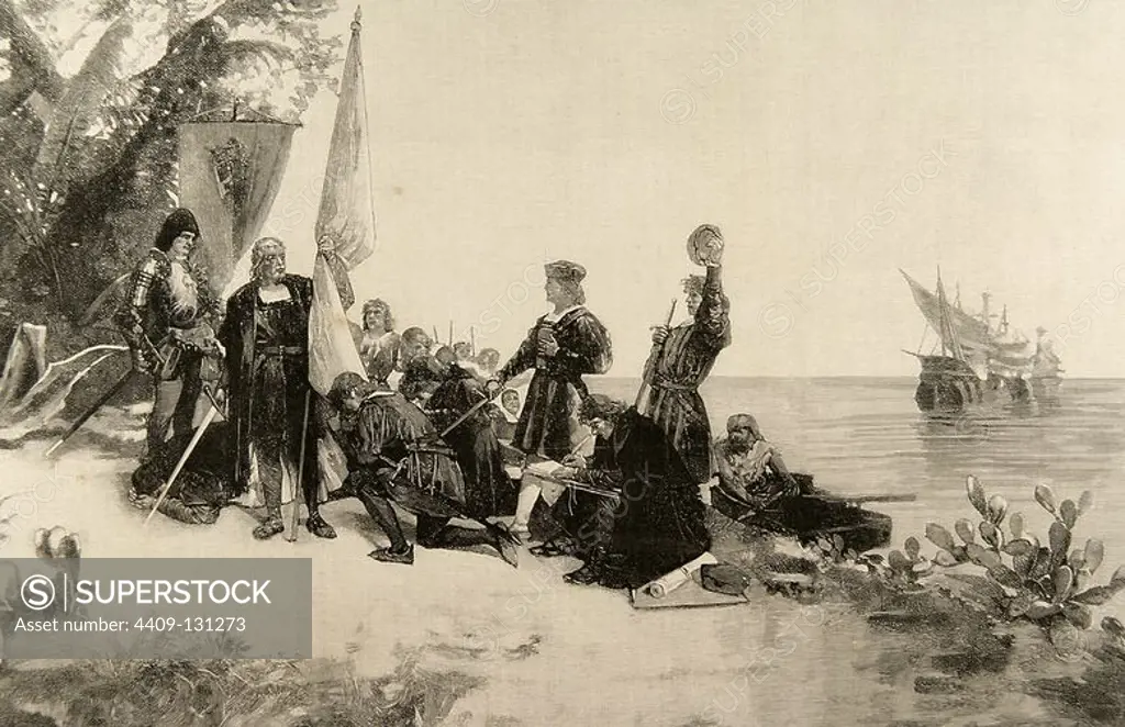 Christopher Columbus (1451-1506). Explorer and navigator genoese. Columbus taking possession of the island of San Salvador. Engraving by Martin Rico after a painting of Isidro Gil. The Spanish and American Illustration, 1890.