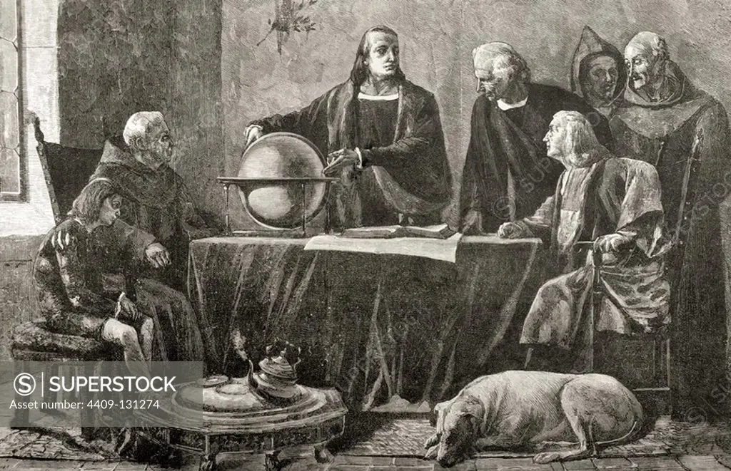 Christopher Columbus (1451-1506). Genoese navigator. Columbus at the Convent of La Rabida. Engraving after the painting by Felipe Manso in The Spanish and American Illustration, 1892.