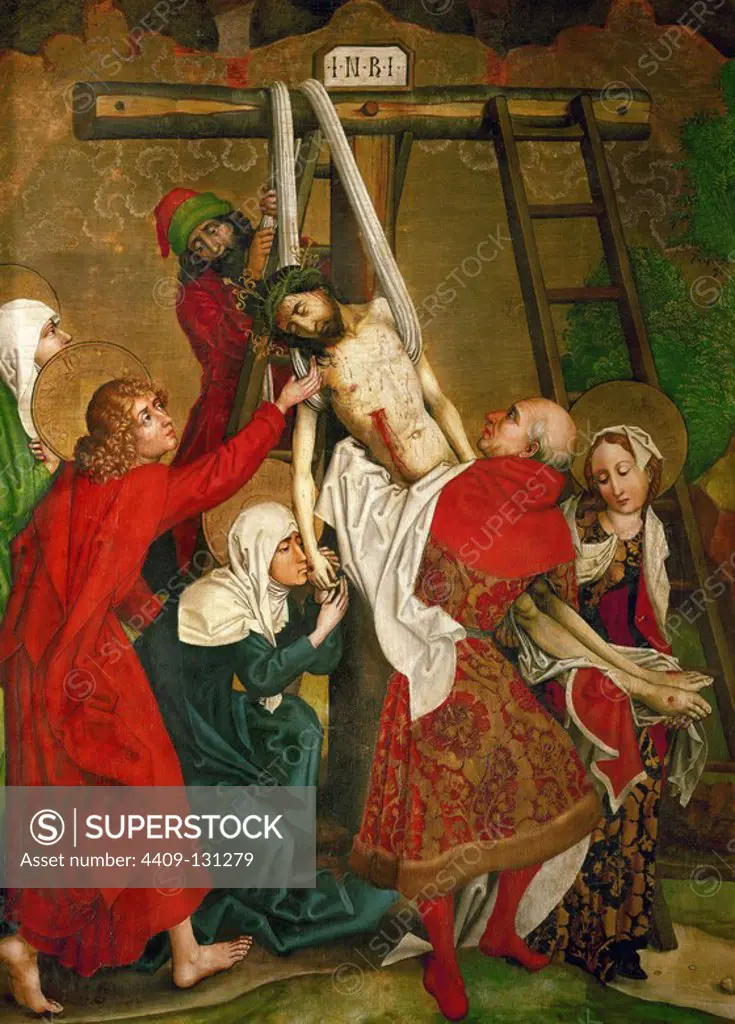Martin Schongauer / 'The Deposition from the Cross', 1475. Museum: MUSEE D'UNTERLINDEN, Colmar, France. JESUS. MARY MAGDALENE. JOSEPH OF ARIMATHEA.
