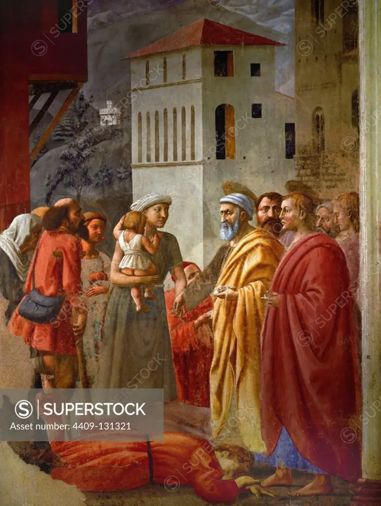 Masaccio / 'The Distribution of Alms and Death of Ananias', 1425-1428, Fresco. Museum: SANTA MARIA DEL CARMINE, FLORENCIA, ITALIA.