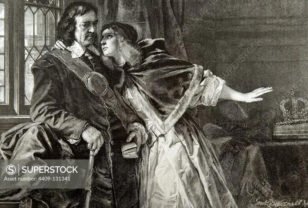 Oliver Cromwell (1599-1658). English military and political. Cromwell with his second daughter, Elizabeth Claypole (1629-1656). Engraving The Artistic Illustration,1885.