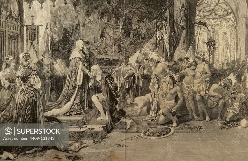 Christopher Columbus (1451-1506). Genoese navigator. Presentation of Columbus to Ferdinand and Isabella, the Catholic Monarchs, in Barcelona. Engraving by Rico after a painting by of Ricardo Anckermann. The Artistic Illustration.