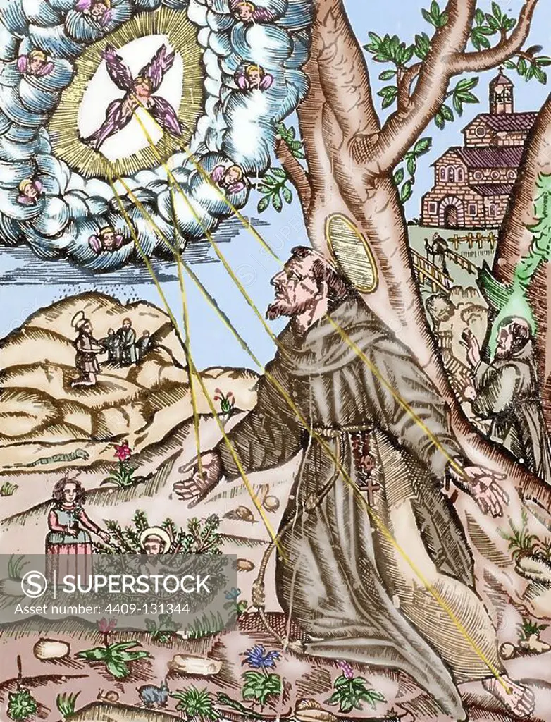 Saint Francis of Assisi (1181/82-1226) recives the Stigmata while he was praying on the mountain of Verna. Colored engraving.