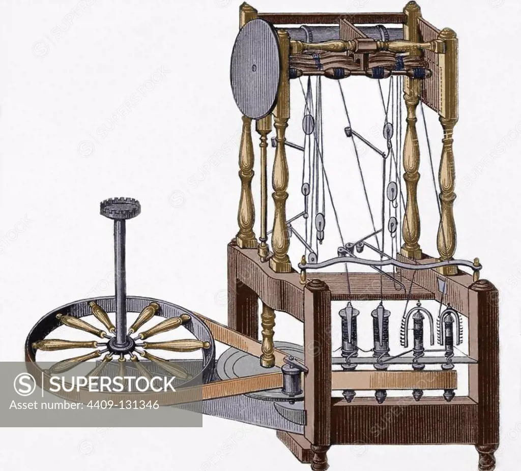 Spinning-frame. Designed in 1767 by Richard Arkwright (1732-1792). Semi-mechanical machine for spinning cotton driven by water power. 18th century. Colored engraving.