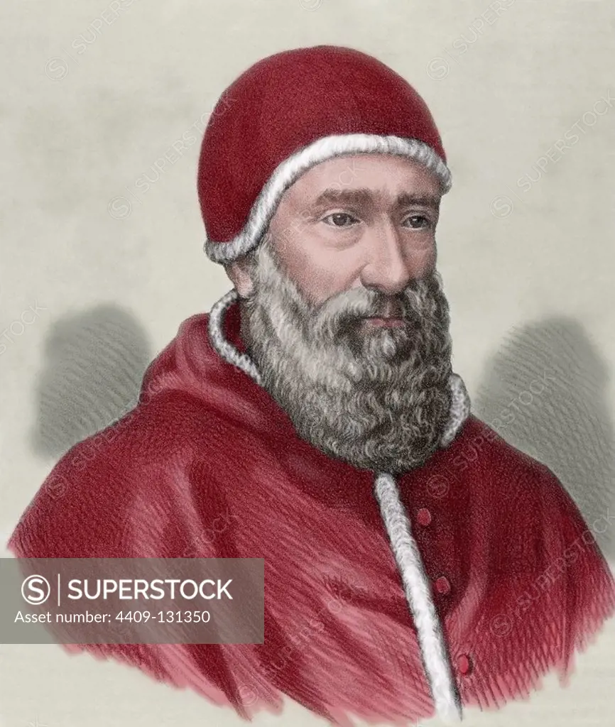 Clement VII (1478Ð1534), born Giulio di Giuliano de Medici Cardinal from 1513 to 1523 and Pope from 1523 to 1534. Thanks to his patronage Michelangelo finished the paintings of the Last Judgement in the Sistine Chapel. Colored engraving.