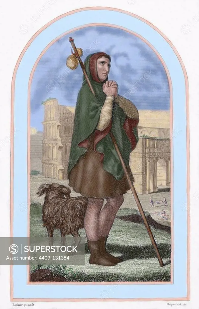 Saint Roch (c.1348-1376/79) (traditionally c.1295-1327). Christian saint specially invoked against the plague. Colored engraving.