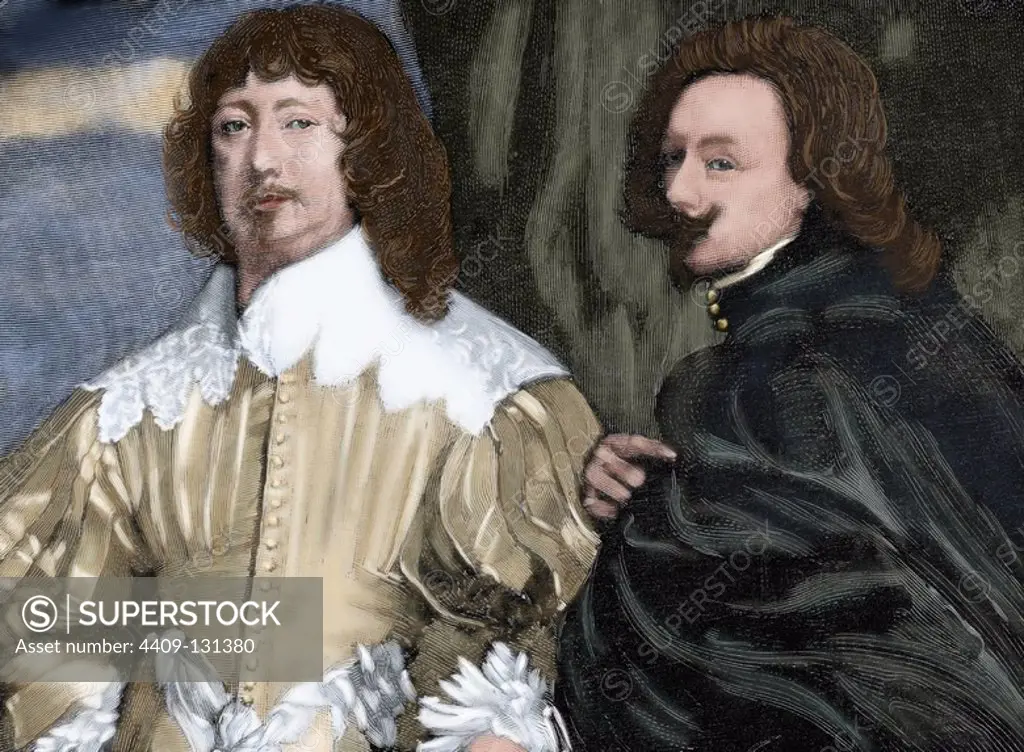 Flemish painter Anthony van Dyck (1599-1641) and english politician Lord John Digby (1580-1653), 1st Earl of Bristol. Engraving after a painting by Van Dyck. The Spanish and American Illustration, 1884. Colored engraving.