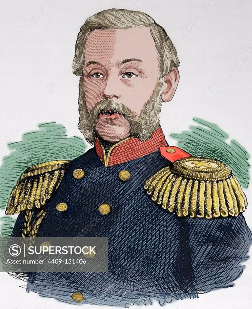 Dmitry Milyutin (1816-1912). Russian Field Marshal and Minister of War. Engraving in Spanish and American Illustration, 1877. Colored.