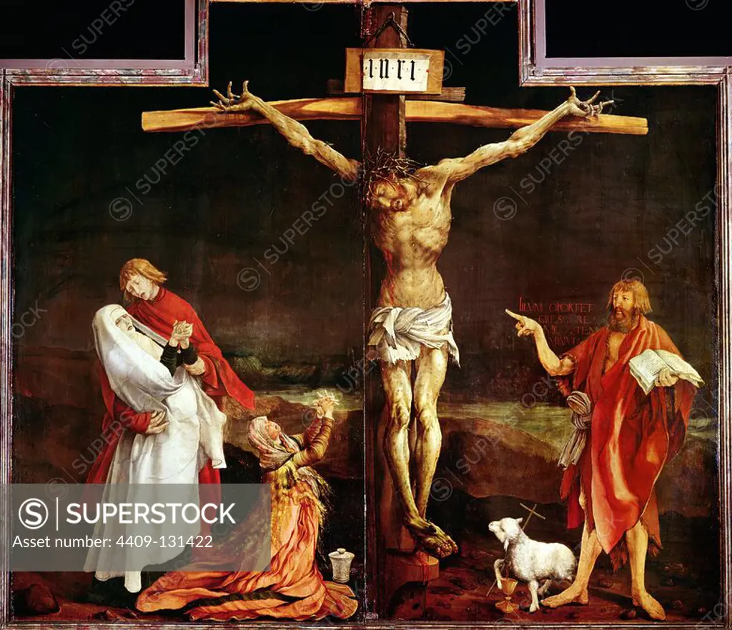 Matthias Grünewald / 'Inssenheim Altar: Crucifixion', 1515. Museum: MUSEE D'UNTERLINDEN, Colmar, France. JESUS. Saint John the Baptist. VIRGIN MARY.