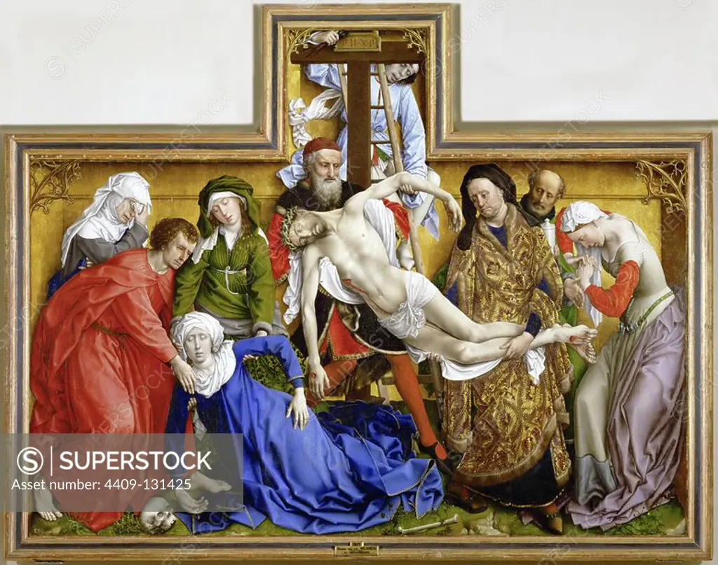 Roger van der Weyden / 'The Descent from the Cross', c. 1435, Oil on panel, 220 × 262 cm, P02825. Museum: MUSEO DEL PRADO, MADRID, SPAIN. Author: ROGIER VAN DER WEYDEN. SAINT JOSEPH. JESUS. MARY MAGDALENE. SAN JUAN EVANGELISTA.