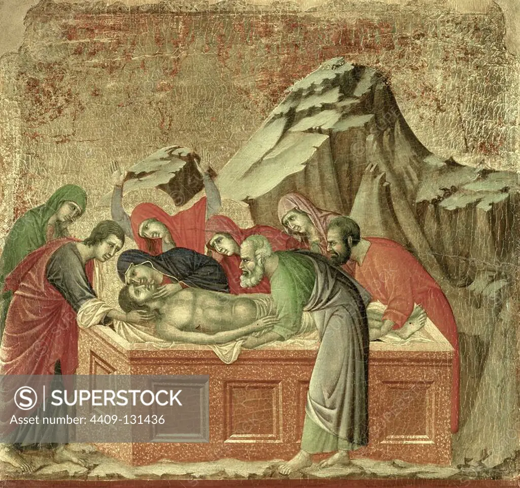 Duccio di Buoninsegna / 'Maestà - Passion: The Burial', 1308-1311, Tempera and gold on wood, 50.5 x 53.5 cm. Museum: Museo dell'Opera Metropolitana del Duomo, Siena. JESUS. JOSEPH OF ARIMATHEA. VIRGIN MARY.