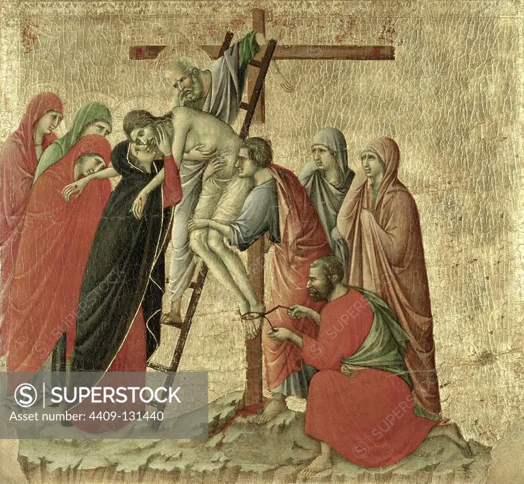 Duccio di Buoninsegna / 'Maestà - Passion: Deposition', 1308-1311, Tempera and gold on wood, 50.5 x 53.5 cm. Museum: Museo dell'Opera Metropolitana del Duomo, Siena. JESUS. JOSEPH OF ARIMATHEA. VIRGIN MARY.
