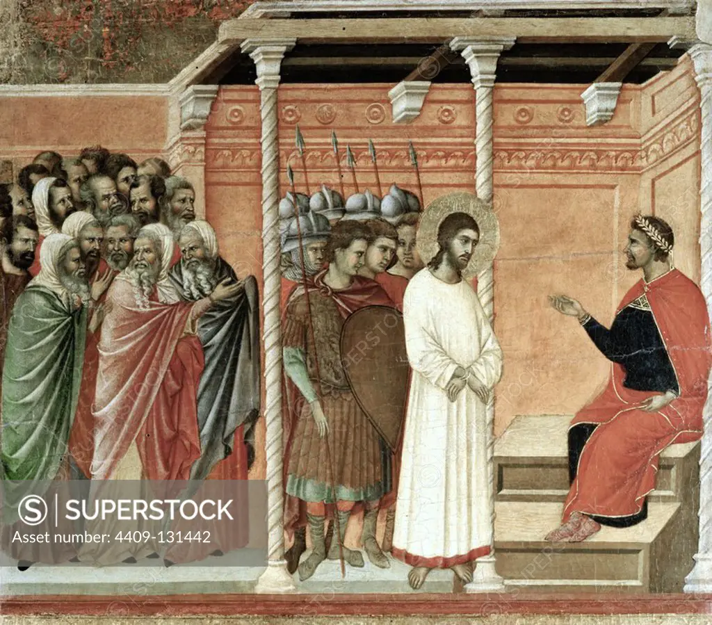 Duccio di Buoninsegna / 'Maestà - Passion: Christ Before Pilate Again', 1308-1311, Tempera and gold on wood, 50 x 57 cm. Museum: Museo dell'Opera Metropolitana del Duomo, Siena. JESUS. PONTIUS PILATE.