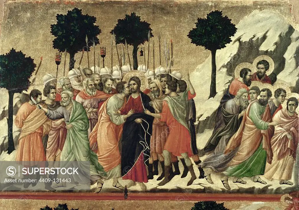 Duccio di Buoninsegna / 'Maestà - Passion: Christ Taken Prisoner', 1308-1311, Tempera and gold on wood, 51 x 76 cm. Museum: Museo dell'Opera Metropolitana del Duomo, Siena. JESUS. JUDAS KISS.