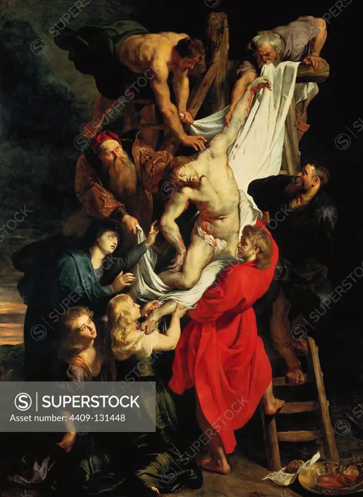 Peter Paul Rubens / 'The Descent from the Cross. Central panel', 1612-1614, Oil on canvas. Museum: Onze Lieve Vroukathedral, TORRE DEL LAGO, Belgien. JESUS. MARY MAGDALENE. JOSEPH OF ARIMATHEA.