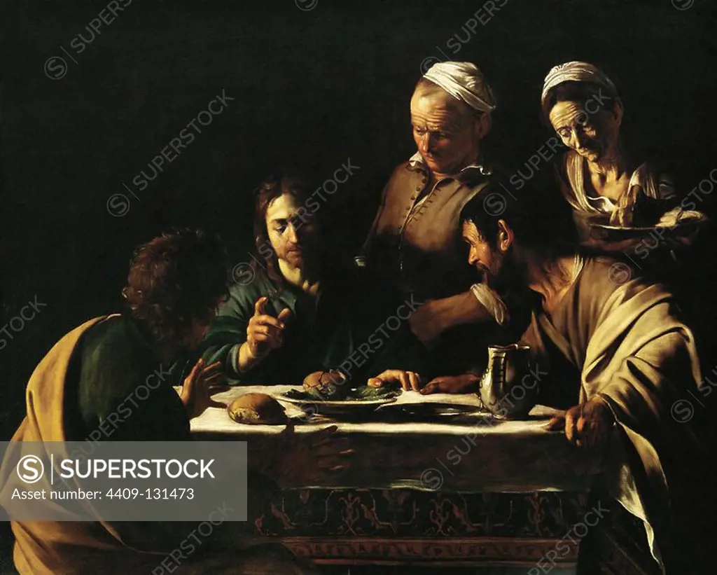 Caravaggio / 'Supper at Emmaus', 1606, Oil on canvas, 141 x 175 cm. Museum: PINACOTECA DI BRERA, Milan, ITALIA. JESUS.