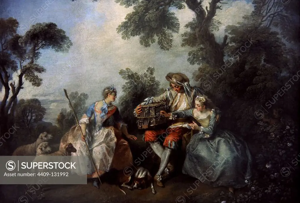 Nicolas Lancret (1690-1743). French painter. The Bird Cage. Ca. 1735. Alte Pinakothek. Munich. Germany.