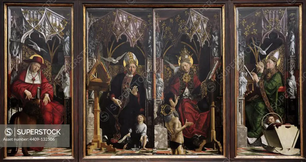 Michael Pacher (1435-1498). Austrian painter. Altarpiece of the Church Fathers, 1483 for Neustift Monastery. Jerome with lion, Agustine with child, Pope Gregory the Great with Emperor Trajan, and Ambrose with child. Alte Pinakothek. Munich. Germany.